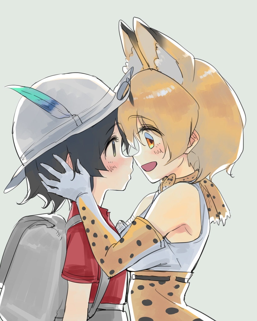 animal_ears backpack bag bare_shoulders belt blackblades blush elbow_gloves eye_contact face-to-face fur_collar gloves grey_background hands_on_another's_head hat hat_feather helmet high-waist_skirt highres kaban_(kemono_friends) kemono_friends looking_at_another multiple_girls noses_touching orange_eyes pith_helmet red_shirt serval_(kemono_friends) serval_ears serval_print shirt short_hair skirt sleeveless upper_body yuri