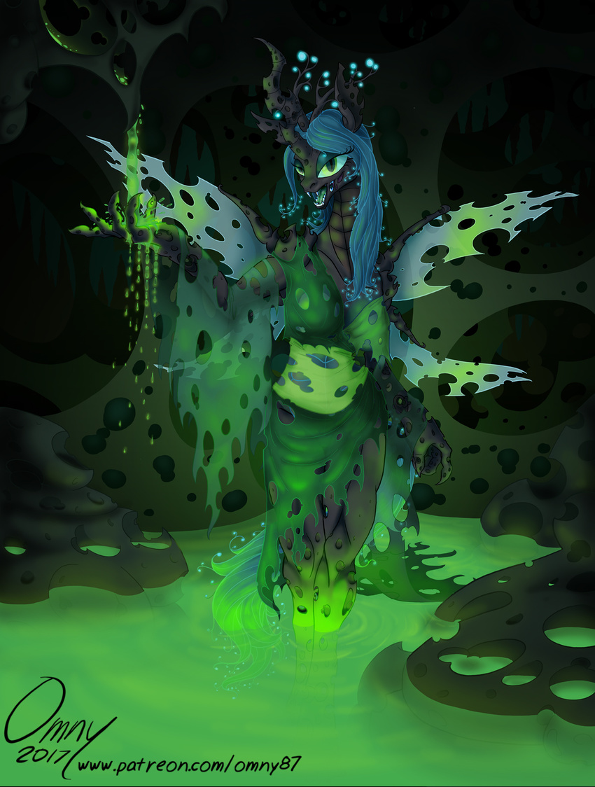 anthro anthrofied changeling clothing dress dripping eyeshadow fangs female friendship_is_magic green_eyes hi_res hole_(anatomy) insect_wings liquid makeup my_little_pony omny87 queen_chrysalis_(mlp) slit_pupils solo torn_clothing water wings
