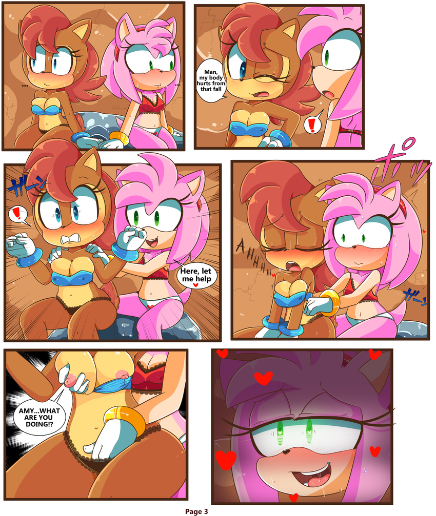 ! &lt;3 2017 amy_rose anthro assisted_exposure blush breast_fondling breasts chipmunk comic dialogue drooling duo english_text female female/female fingering fondling hand_on_breast hearlesssoul hedgehog mammal navel nipple_bulge nipples one_eye_closed rodent saliva sally_acorn sonic_(series) sweat text vaginal vaginal_fingering