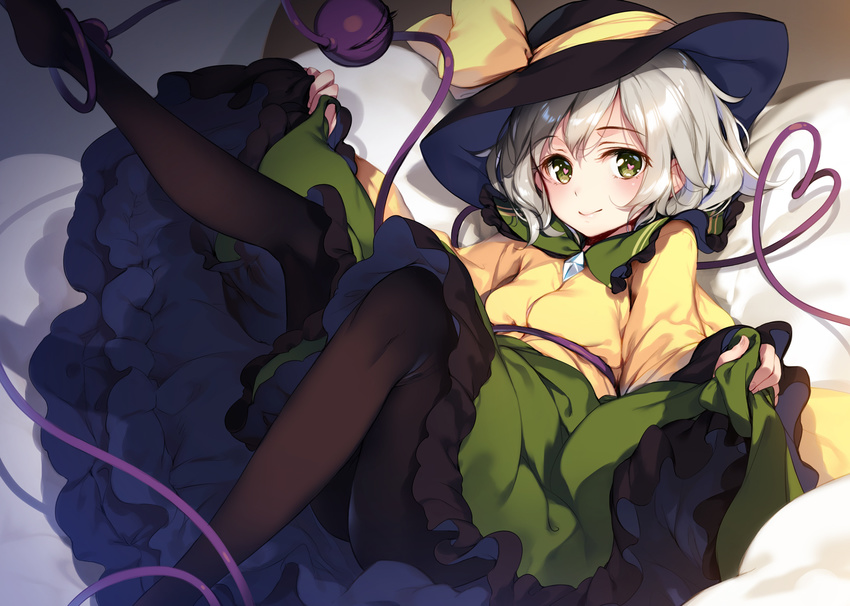 ass bangs bed_sheet black_hat black_legwear bow breasts eyebrows_visible_through_hair green_eyes green_skirt hat hat_bow heart heart-shaped_pupils heart_of_string highres ke-ta komeiji_koishi leg_up lifted_by_self light_smile looking_at_viewer lying on_back on_bed pantyhose shirt short_hair silver_hair skirt skirt_lift smile solo symbol-shaped_pupils third_eye touhou wide_sleeves yellow_bow yellow_shirt