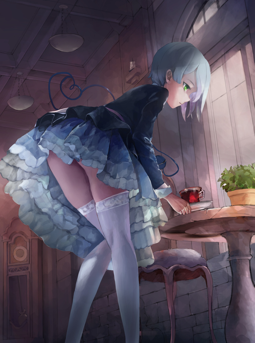 absurdres ass bad_id bad_pixiv_id bent_over chair clock commentary_request cup gradient_hair grandfather_clock green_eyes highres indoors komeiji_koishi long_sleeves multicolored_hair pink_hair plant potted_plant profile pupil_g short_hair skirt solo standing table teacup thighhighs third_eye touhou white_legwear window