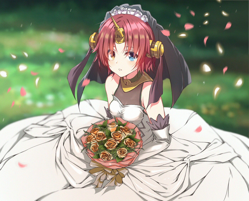 bare_shoulders bouquet fate/apocrypha fate_(series) flower frankenstein's_monster_(fate) hair_flower hair_ornament heterochromia looking_at_viewer parted_lips petals qingchen_(694757286) red_hair rose short_hair sitting solo veil