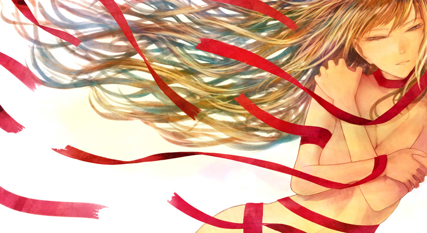 &gt;_&lt; blonde_hair bound breasts closed_eyes commentary_request long_hair medium_breasts nude original parted_lips red_string sakimori_(hououbds) self_hug simple_background solo string upper_body white_background