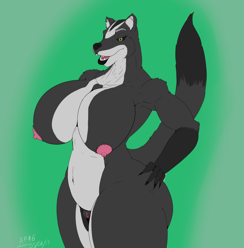 absurd_res angrypotato96 anthro badger big_breasts breasts female hi_res huge_breasts mammal mature_female mustelid nipples nude open_mouth pussy solo voluptuous