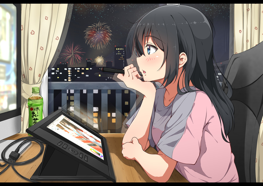 aerial_fireworks bangs black_hair blue_eyes blush bottle chair curtains desk elbows_on_table eyebrows_visible_through_hair fireworks from_side indoors kei_(0497) letterboxed long_hair looking_away monitor night night_sky original parted_lips railing reflection shirt short_sleeves sitting sky solo star_(sky) starry_sky stylus t-shirt tablet tea upper_body window