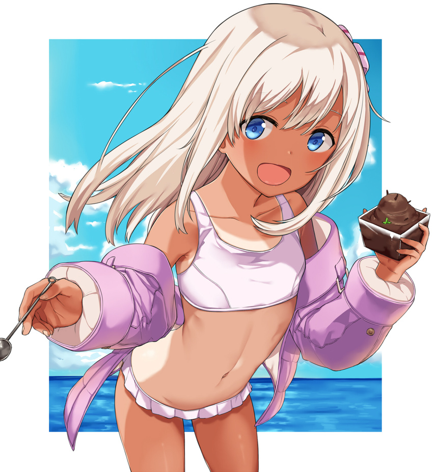 :d bangs bikini blue_eyes blue_sky blush breasts cloud cloudy_sky collarbone commentary cowboy_shot cup day flower hai_ookami hair_flower hair_ornament hands_up highres holding holding_cup holding_spoon jacket kantai_collection leaning_forward long_hair looking_at_viewer navel nontraditional_school_swimsuit ocean one-piece_tan open_clothes open_jacket open_mouth outdoors purple_bikini ro-500_(kantai_collection) school_swimsuit sidelocks sky small_breasts smile solo spoon swimsuit tan tanline white_hair white_school_swimsuit white_swimsuit