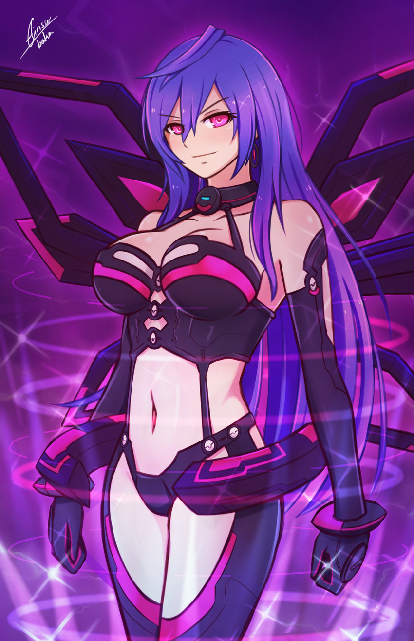 absurdres airisubaka blue_hair blush bodysuit breasts cleavage cowboy_shot dominatrix elbow_gloves gloves highres iris_heart jewelry kami_jigen_game_neptune_v large_breasts leotard long_hair looking_at_viewer midriff navel neptune_(series) power_symbol red_eyes smile solo stomach symbol-shaped_pupils very_long_hair wings