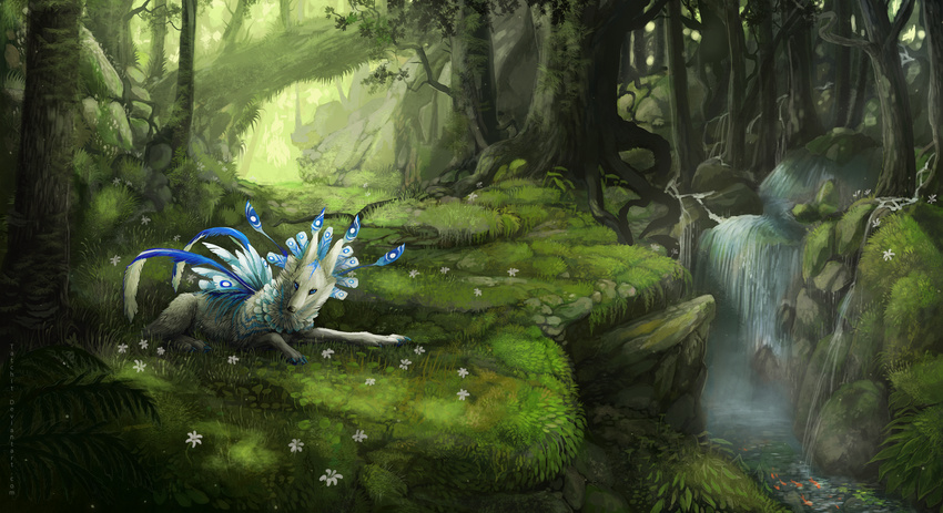 2012 ambiguous_gender blue_feathers canine detailed_background dog feathers feral forest hybrid landscape mammal nature outside solo tatchit tree unknown_species water waterfall wood