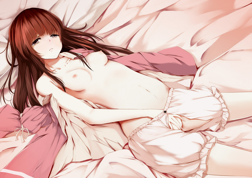 absurdres areolae bangs bed_sheet bloomers blunt_bangs breasts brown_eyes brown_hair closed_mouth collarbone commentary_request cowboy_shot crotchless crotchless_bloomers fingering half-closed_eyes highres houraisan_kaguya japanese_clothes ke-ta_(style) kimono kimono_removed long_hair looking_at_viewer lying masturbation mu_yan navel nipples on_back pink_kimono small_breasts solo stomach topless touhou underwear underwear_only white_bloomers