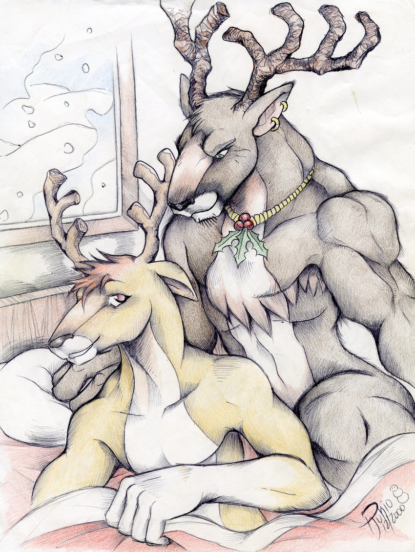 2000 5_fingers absurd_res anthro anthro_on_anthro antlers arm_support athletic bed bed_sheet bedding bedroom bedroom_eyes biceps biped black_nose blitzen brown_eyes brown_fur brown_horn cervine chest_tuft christmas colored_pencil_(artwork) convenient_censorship countershade_face countershade_torso countershading detailed_background donner dudebulge duo ear_piercing eye_contact eyebrows facial_hair fur fur_tuft gloves_(marking) goatee gold_(metal) hair hair_tuft half-closed_eyes happy hatching_(technique) hi_res holidays horn humanoid_hands imminent_sex inside jewelry looking_at_another looking_at_partner looking_back looking_down lying male male/male mammal manly markings multicolored_fur muscular muscular_male naughty_face necklace no_pupils nude on_bed on_side orange_hair pecs pendant picture_frame piercing pillow raised_eyebrows reindeer romantic_couple seductive short_fur short_hair signature sitting slim smile smirk snout snow teasing teeth traditional_media_(artwork) triceps tuft two_tone_fur under_covers white_countershading white_fur white_markings window wood yellow_fur