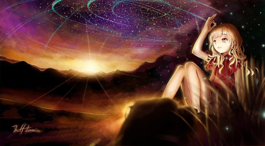 artist_name blonde_hair brown_skirt diffraction_spikes fang fireflies grass hand_on_own_head highres jeff_laoniu knees_up loafers looking_away looking_up mountain open_mouth original outdoors reclining red_eyes red_shirt scenery shirt shoes short_hair short_sleeves skirt sky solo star_(sky) starry_sky sun sunset