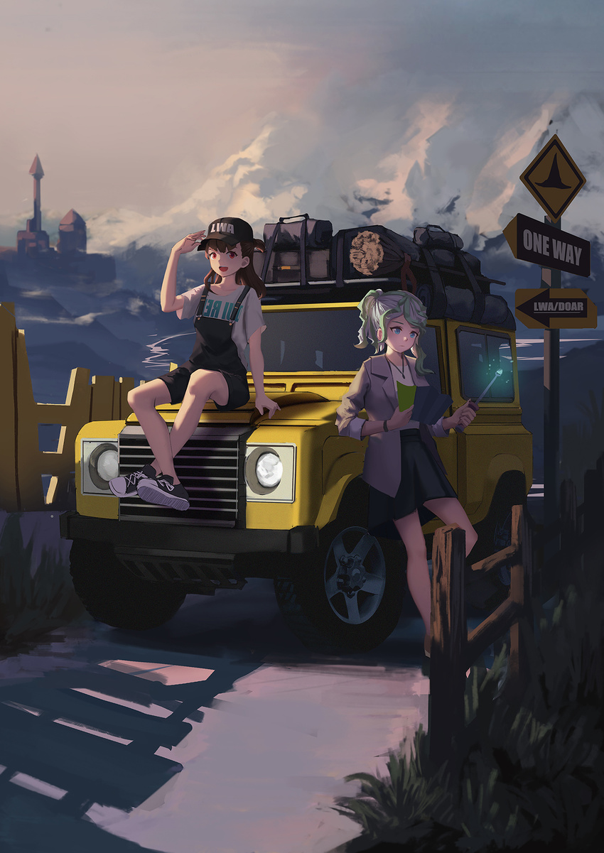 alternate_hairstyle black_skirt blue_eyes blush car closed_mouth diana_cavendish doren ground_vehicle highres holding holding_wand jewelry kagari_atsuko leaning_back light_green_hair little_witch_academia looking_at_viewer looking_away motor_vehicle multiple_girls necklace on_vehicle overalls parted_lips red_eyes road road_sign short_hair short_ponytail sign sitting skirt smile standing wand