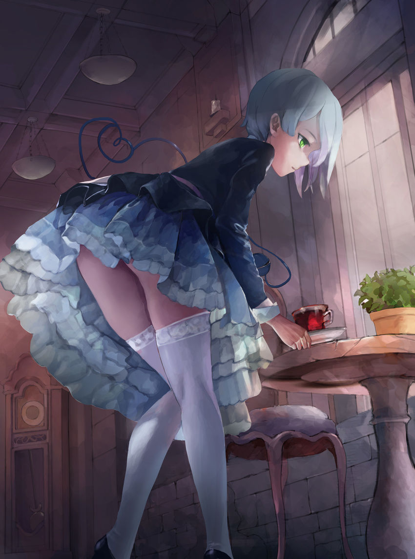absurdres alternate_costume alternate_hair_color ass bent_over black_footwear black_jacket blue_skirt ceiling chair clock commentary cup feet_out_of_frame from_below from_side gradient_hair grandfather_clock green_eyes highres indoors jacket knees_together_feet_apart komeiji_koishi light_blue_hair long_sleeves looking_away looking_down multicolored_hair no_hat no_headwear parted_lips pink_hair plant potted_plant profile pupil_g revision saucer shoes short_hair skirt solo standing table teacup thighhighs thighs third_eye touhou upskirt white_legwear window