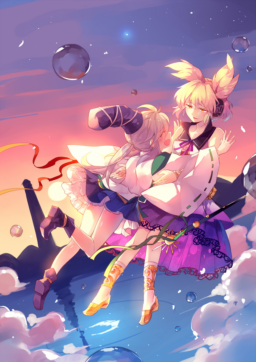 anklet bare_legs bare_shoulders blonde_hair blue_skirt bracelet commentary_request earmuffs flying hat highres japanese_clothes jewelry kariginu long_sleeves miniskirt mononobe_no_futo multiple_girls outdoors pointy_ears ponytail purple_footwear purple_skirt ribbon-trimmed_sleeves ribbon_trim ritual_baton shoes silver_hair skirt sky smile star_(sky) starry_sky tate_eboshi tears touhou toyosatomimi_no_miko wide_sleeves yellow_eyes yellow_footwear yetworldview_kaze