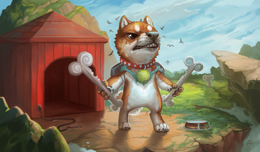 anthro avian ball bird bone bowl canine cliff collar corgi dog doghouse dual_wielding featureless_crotch firefeathers food_bowl front_view holding_object holding_weapon macro magic_the_gathering mammal parody snarling solo standing tennis_ball weapon