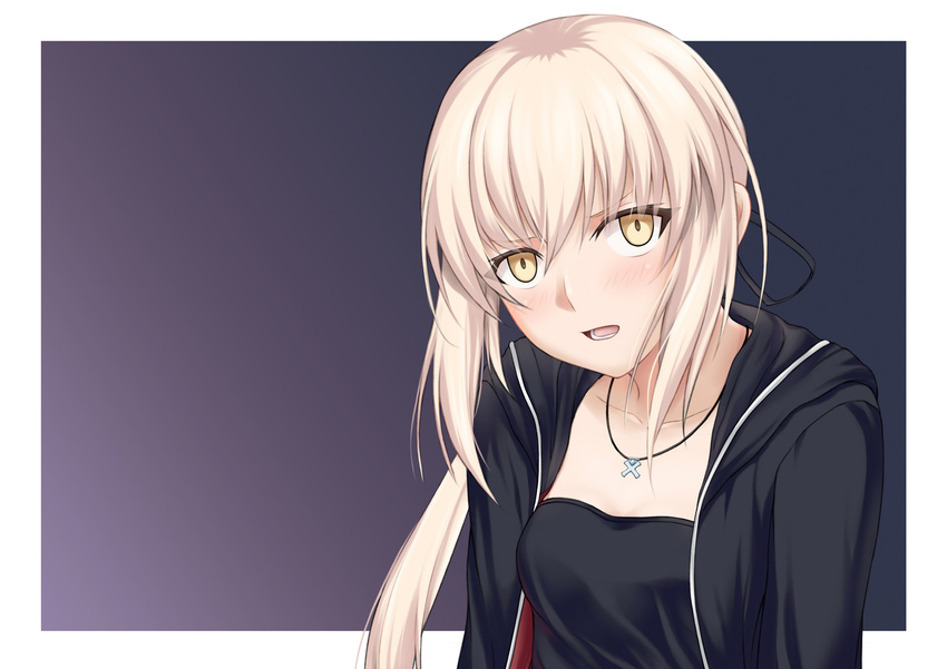 artoria_pendragon_(all) blonde_hair blush breasts cleavage collarbone eyebrows_visible_through_hair fate/grand_order fate/stay_night fate_(series) highres jewelry long_hair looking_at_viewer miuka necklace pale_skin parted_lips saber_alter small_breasts solo upper_body yellow_eyes