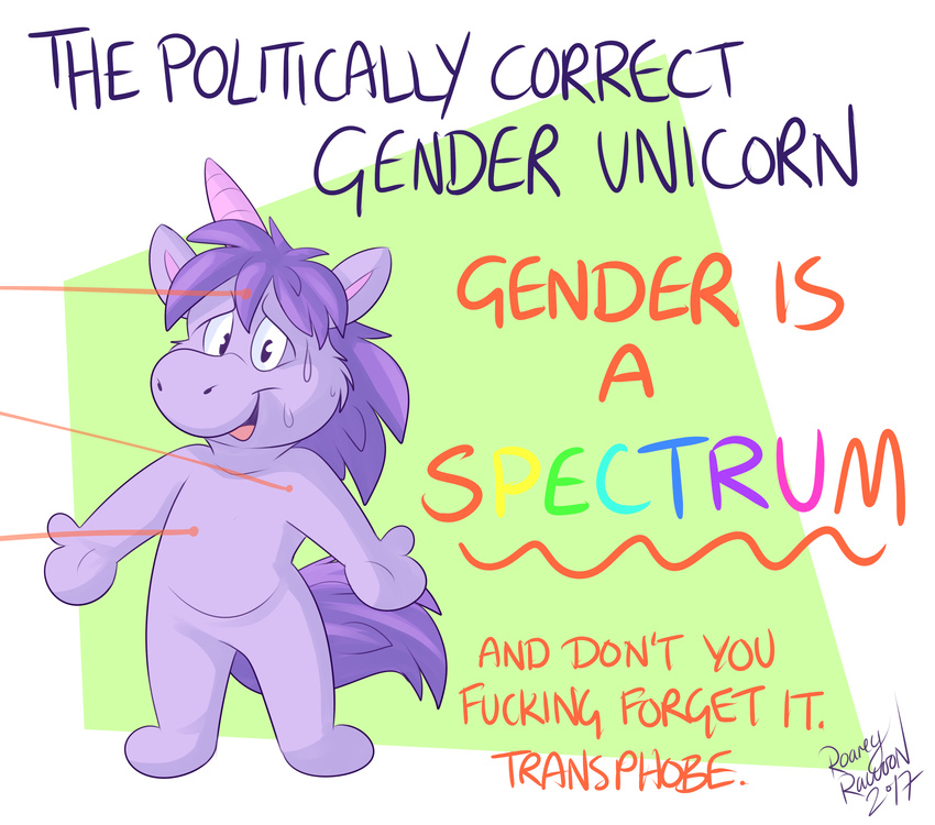 2017 ambiguous_gender anthro big_head cel_shading cheek_tuft english_text equine featureless_crotch front_view fur green_background hair horn insult laser looking_at_viewer mammal mitten_hands nude open_mouth open_smile politics profanity purple_fur purple_hair purple_horn roarey_raccoon signature simple_background smile solo standing sweat text tongue toony tuft unicorn white_background