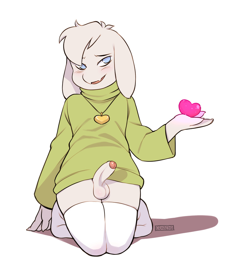 4_fingers anthro asriel_dreemurr balls blue_eyes blush bottomless caprine clothed clothing crazedg erection foreskin fur goat humanoid_penis jewelry legwear male mammal necklace partially_retracted_foreskin penis simple_background solo stockings sweater teenager uncut undertale video_games white_fur young