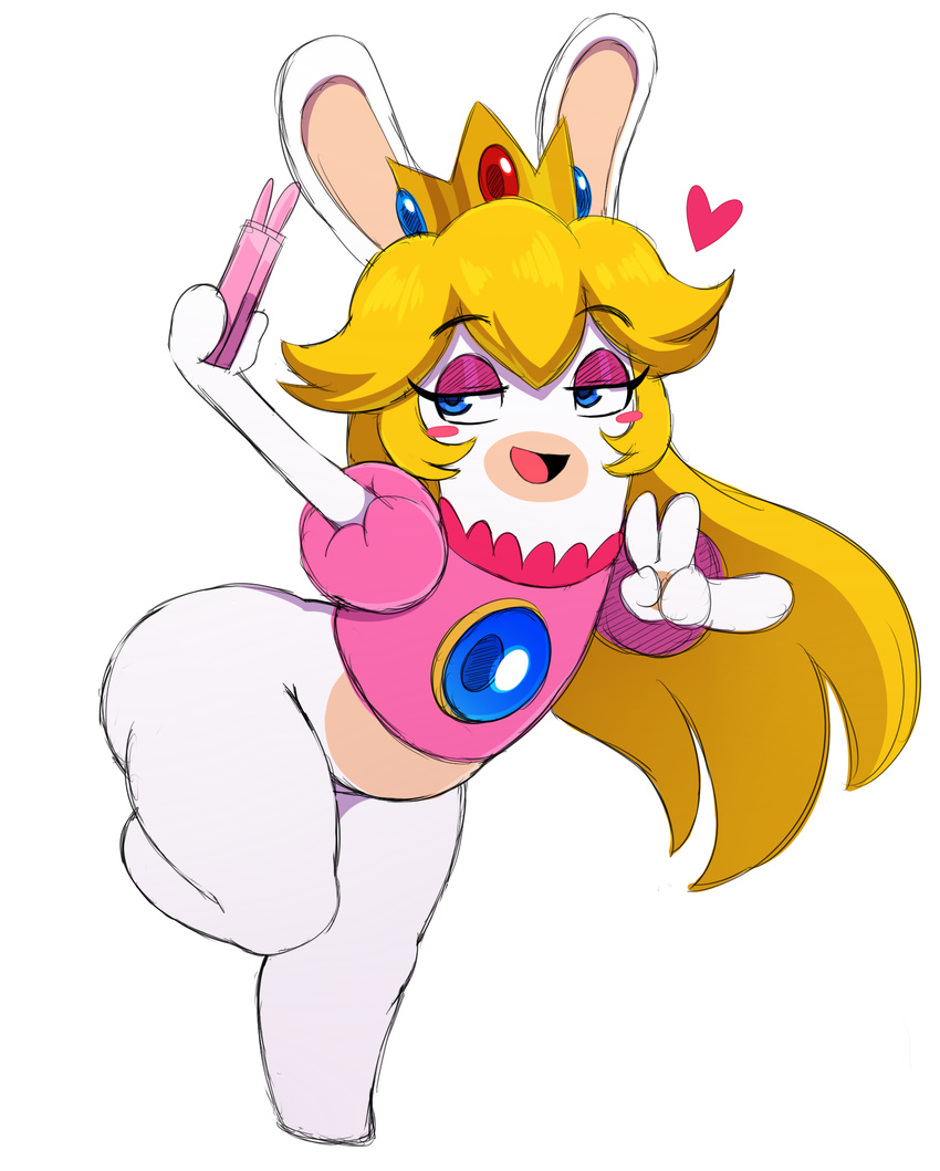 anthro blonde_hair blue_eyes bottomless cellphone clothed clothing crown female hair hi_res mammal mario_+_rabbids:_kingdom_battle mario_bros nintendo phone rabbid rabbid_peach rabbids selfie semi-anthro simple_background smile solo sssonic2 thick_thighs ubisoft video_games white_background wide_hips