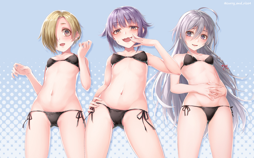 ahoge bikini black_bikini blush braid breasts brown_eyes eyebrows_visible_through_hair grey_eyes hair_over_one_eye hand_on_hip highres hoshi_shouko idolmaster idolmaster_cinderella_girls ishihara_(kuniyoshi) kawaii_boku_to_142's koshimizu_sachiko long_hair multiple_girls navel open_mouth shirasaka_koume short_hair side-tie_bikini silver_hair single_braid skindentation small_breasts smile swimsuit twitter_username