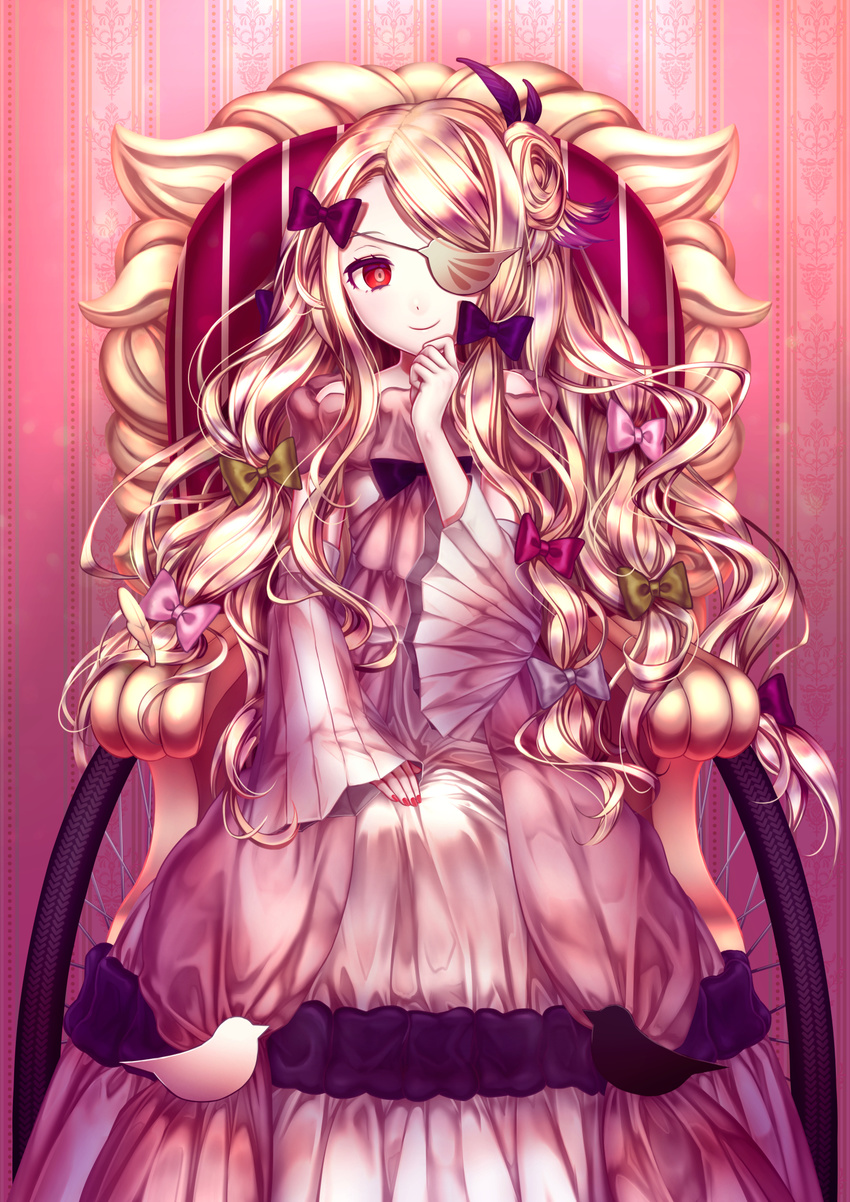 blonde_hair bow closed_mouth daisan_oujo detached_sleeves dress eyepatch green_bow hair_bow highres long_hair long_sleeves mahou_shoujo_ikusei_keikaku mahou_shoujo_ikusei_keikaku_restart nail_polish pfle pink_background pink_bow purple_bow red_bow red_eyes red_nails sitting sleeves_past_wrists smile solo very_long_hair wavy_hair wheelchair