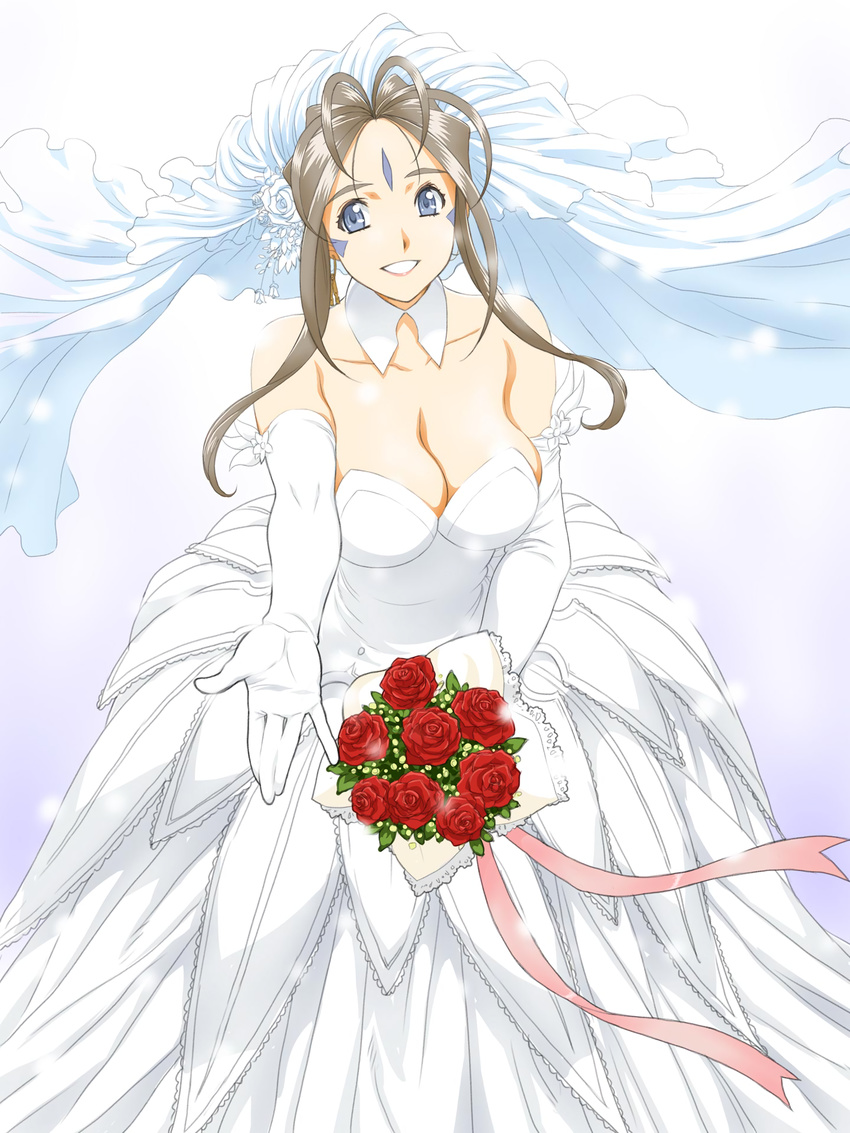 90s aa_megami-sama belldandy blue_eyes bouquet breasts brown_hair cleavage detached_collar dress elbow_gloves facial_mark flower forehead_mark gloves gradient gradient_background grin highres holding holding_bouquet large_breasts long_hair looking_at_viewer matsubara_hidenori non-web_source official_art outstretched_arm rose smile solo strapless strapless_dress veil wedding_dress white_background white_gloves wind wind_lift