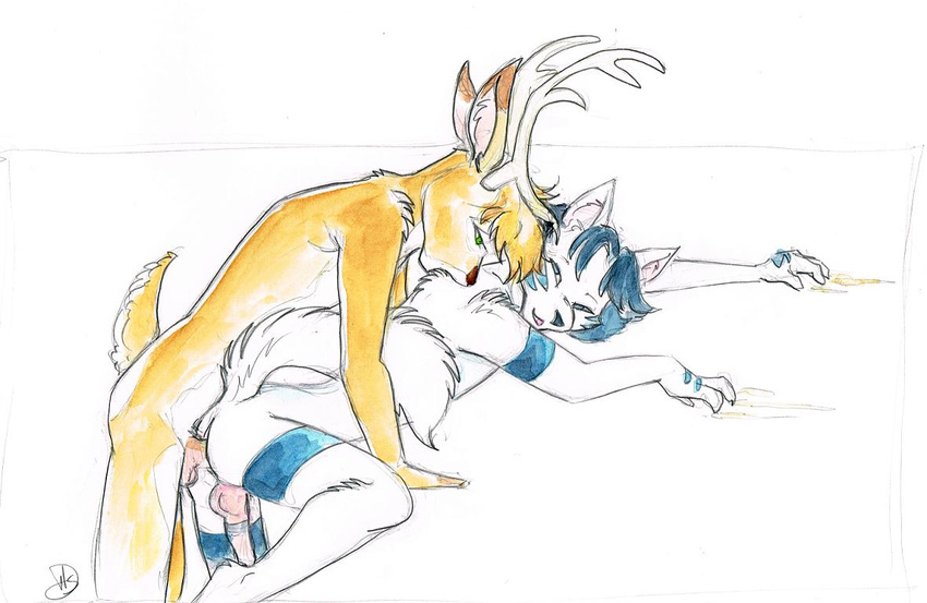 2012 anal anal_penetration anthro anthro_on_anthro antlers arm_markings balls biped bite blue_eyes blue_fur blue_hair blue_markings blue_nose brown_nose canine cervine colored_pencil_(artwork) deer dhstein duo facial_markings fluffy fluffy_tail from_behind_position fur girly green_eyes hair hockeywolf horn inner_ear_fluff interspecies leg_markings lou_(stripes) lying male male/male male_penetrating mammal markings multicolored_fur nude on_front penetration penis sex short_hair short_tail signature simple_background story story_in_description tan_fur tan_hair traditional_media_(artwork) two_tone_fur white_background white_fur white_horn wolf
