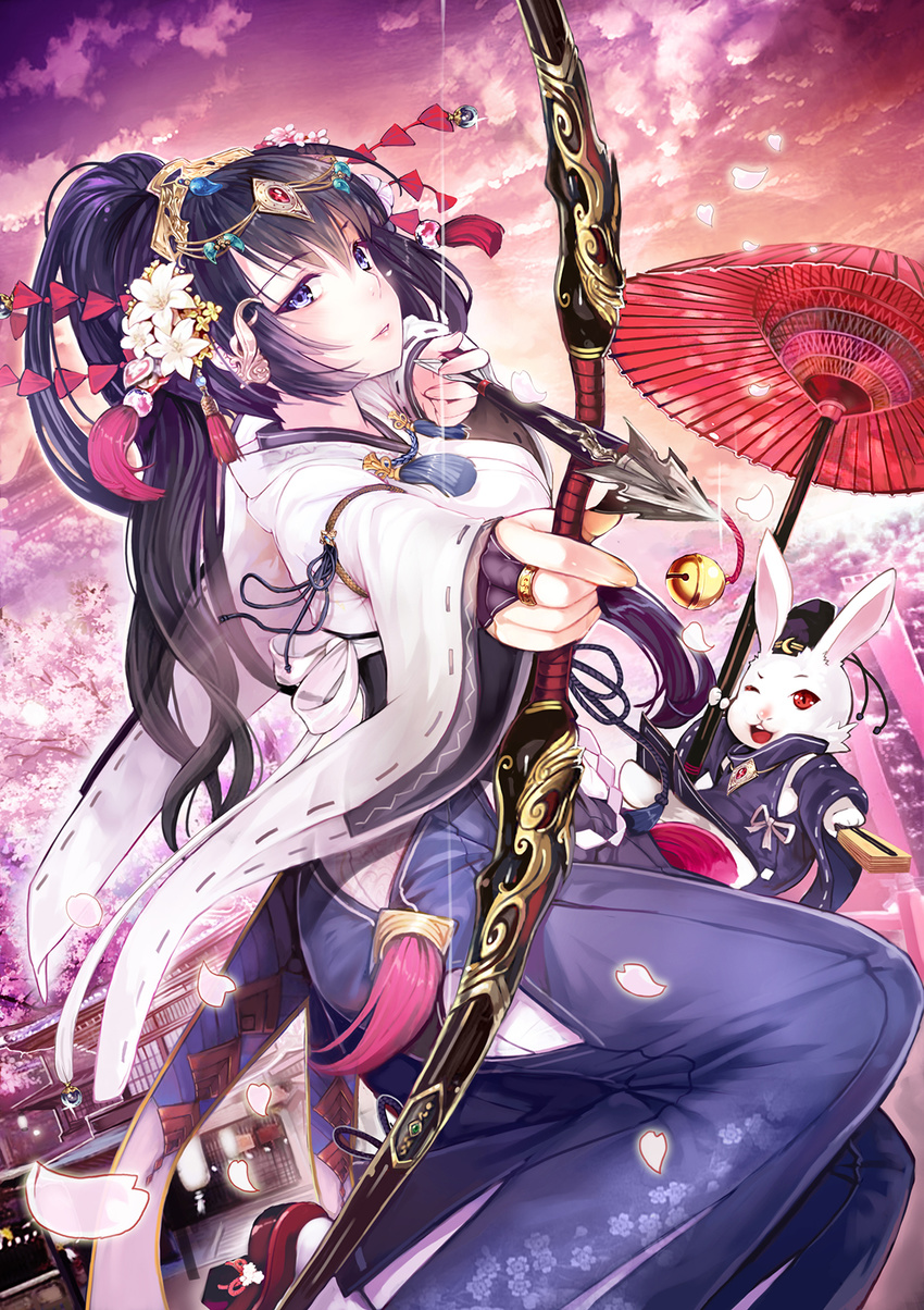 aiming aiming_at_viewer animal arrow bible_bullet bilibili_douga black_hair blue_eyes blue_hakama bow_(weapon) bridal_gauntlets bunny cherry_blossoms clothed_animal drawing_bow hair_between_eyes hair_ornament hakama high_ponytail highres holding holding_arrow holding_bow_(weapon) holding_umbrella holding_weapon japanese_clothes kimono long_hair oriental_umbrella outstretched_arm parted_lips petals red_umbrella spirtie umbrella very_long_hair weapon white_kimono