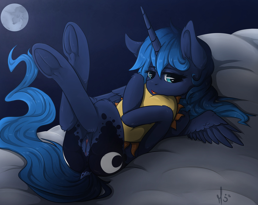 2016 aelsiiz anus blue_feathers blue_hair butt cutie_mark dock equine feathered_wings feathers female feral friendship_is_magic full_moon fur hair hi_res hooves horn legs_up long_hair looking_at_viewer lying mammal moon my_little_pony on_back princess_luna_(mlp) pussy solo underhoof winged_unicorn wings