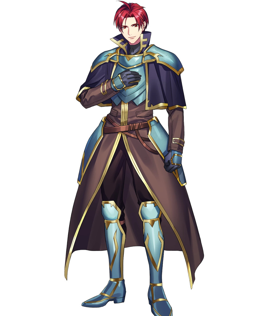 armor armored_boots boots cape capelet fire_emblem fire_emblem:_seima_no_kouseki fire_emblem_heroes fujiwara_ryo full_body gloves highres long_sleeves looking_at_viewer male_focus official_art pants red_eyes red_hair seth_(fire_emblem) smile solo standing transparent_background