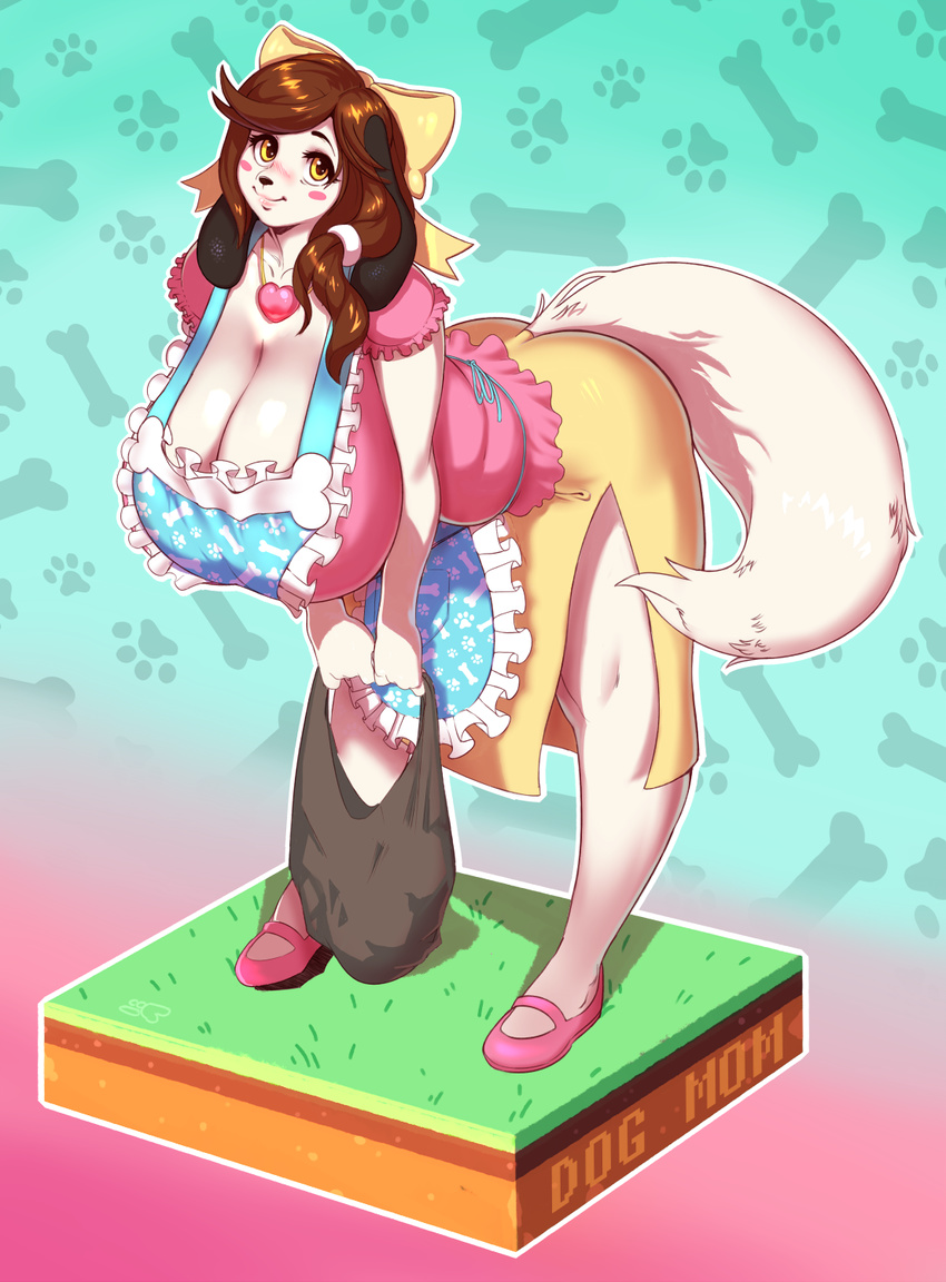 anthro apron bent_over big_breasts boosterpang breasts canine cleavage clothed clothing female holly_applebee huge_breasts looking_at_viewer mammal smile solo standing