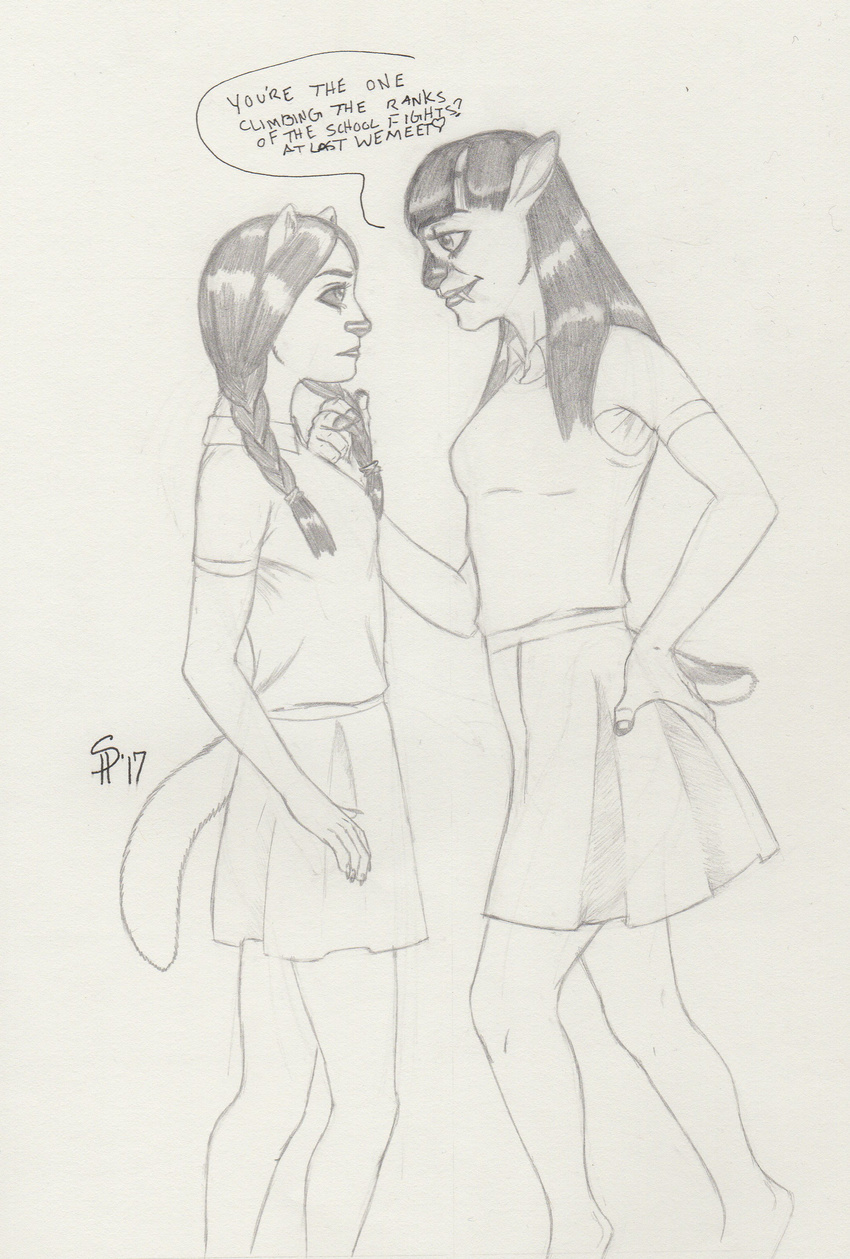 anthro canine clothing dreadwolfclaw1990 female flirting mammal pigtails school school_uniform schoolgirls size_difference smile sybil_mccready tufted_deer uniform wolf