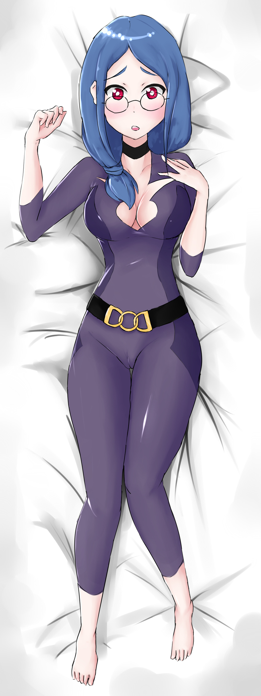 absurdres barefoot belt blue_hair blush breasts cameltoe cleavage collarbone dakimakura full_body glasses highres large_breasts little_witch_academia lying open_mouth pandavenger red_eyes self_upload simple_background skin_tight teacher ursula_charistes white_background