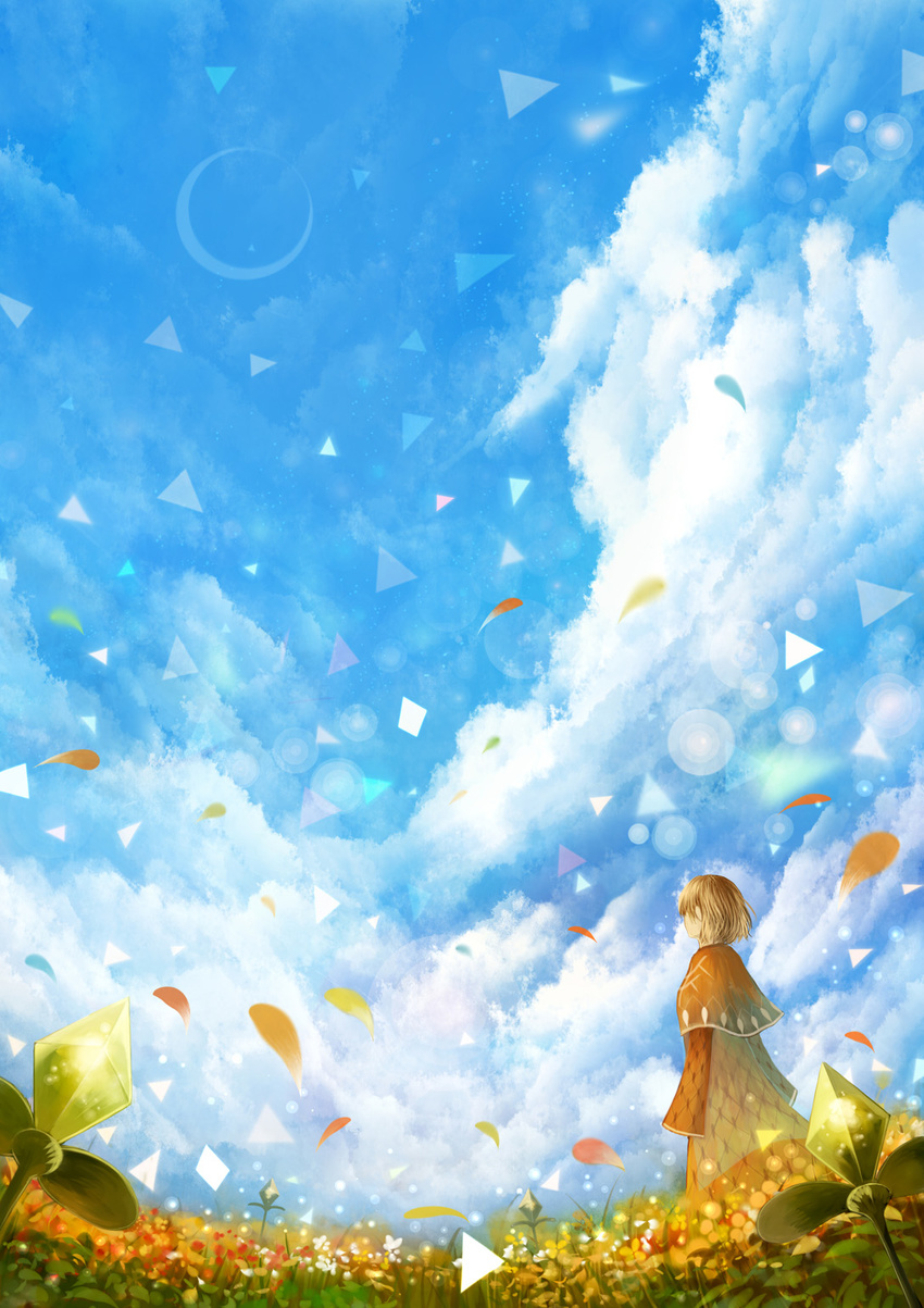 blue_sky cloud cloudy_sky commentary_request crescent_moon crystal day dress fantasy field flower flower_field highres long_sleeves moon orange_dress original sakimori_(hououbds) scenery short_hair sky solo