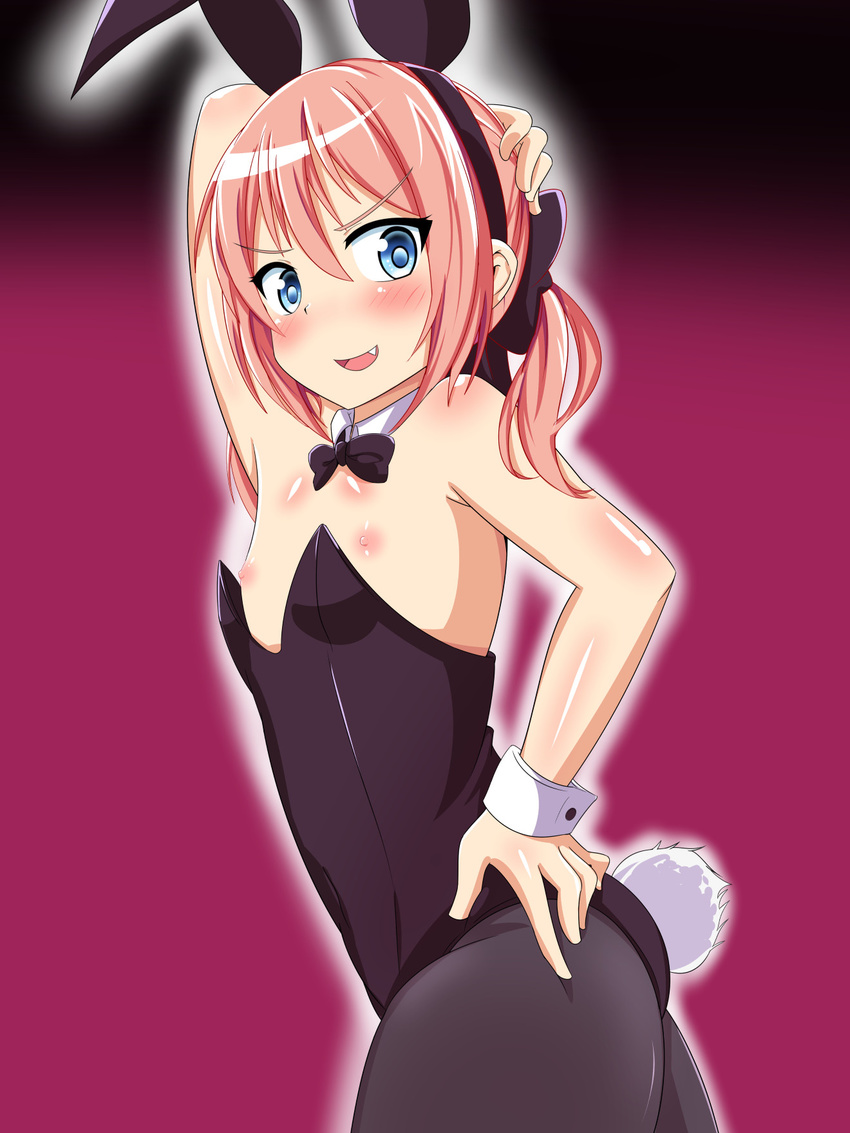 :d animal_ears arikawa_kaguya ass bad_id bad_pixiv_id bare_shoulders black_background black_bow black_legwear blue_eyes blush bow bowtie breasts bunny_ears bunny_tail bunnysuit cleavage collar cowboy_shot detached_collar eyebrows_visible_through_hair fake_animal_ears fang gradient gradient_background hair_between_eyes hairband hand_on_ass highres himegoto long_hair looking_at_viewer nipples open_mouth otoko_no_ko pantyhose pink_background pink_hair shiny shiny_hair shiny_skin simple_background small_breasts smile solo standing tagfly27qt tail thighs twintails v-shaped_eyebrows wrist_cuffs