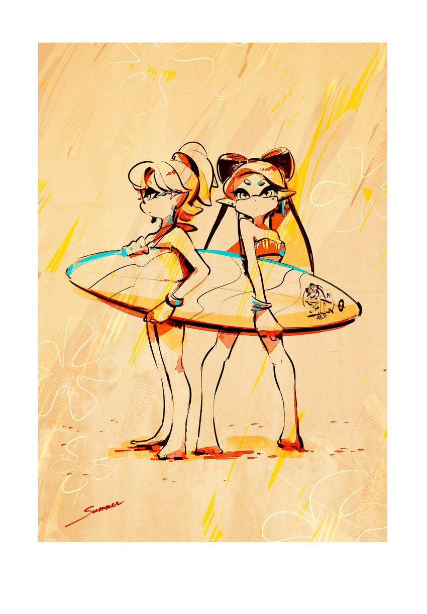 alternate_hairstyle aori_(splatoon) barefoot bikini bracelet commentary cousins domino_mask earrings english english_commentary highres holding hotaru_(splatoon) jewelry limited_palette mask mole mole_under_eye multiple_girls pointy_ears seto_(asils) short_ponytail splatoon_(series) surfboard swimsuit tentacle_hair