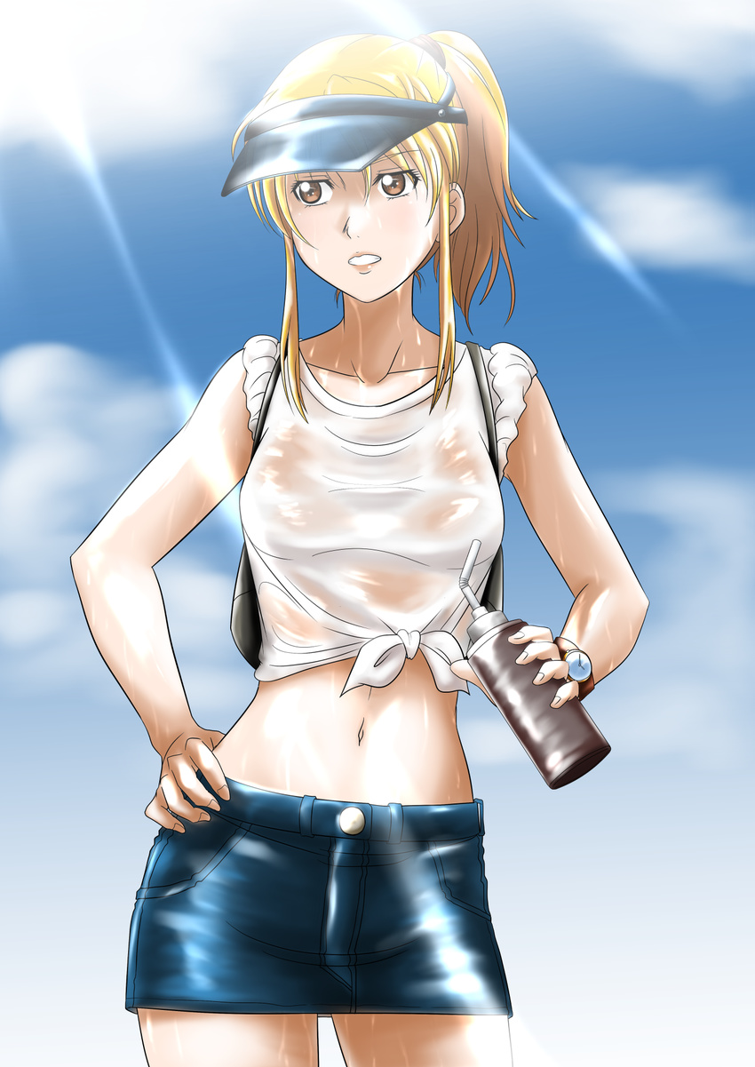 bangs blonde_hair blue_skirt bottle breasts brown_eyes cloud cloudy_sky commentary_request cowboy_shot day denim denim_skirt grimace hand_on_hip highres kakkii long_hair medium_breasts midriff miniskirt original outdoors pencil_skirt ponytail see-through shirt skirt sky sleeves_rolled_up solo standing sunlight sweat tied_shirt visor_cap watch water_bottle wet wet_clothes wet_shirt white_shirt wristwatch