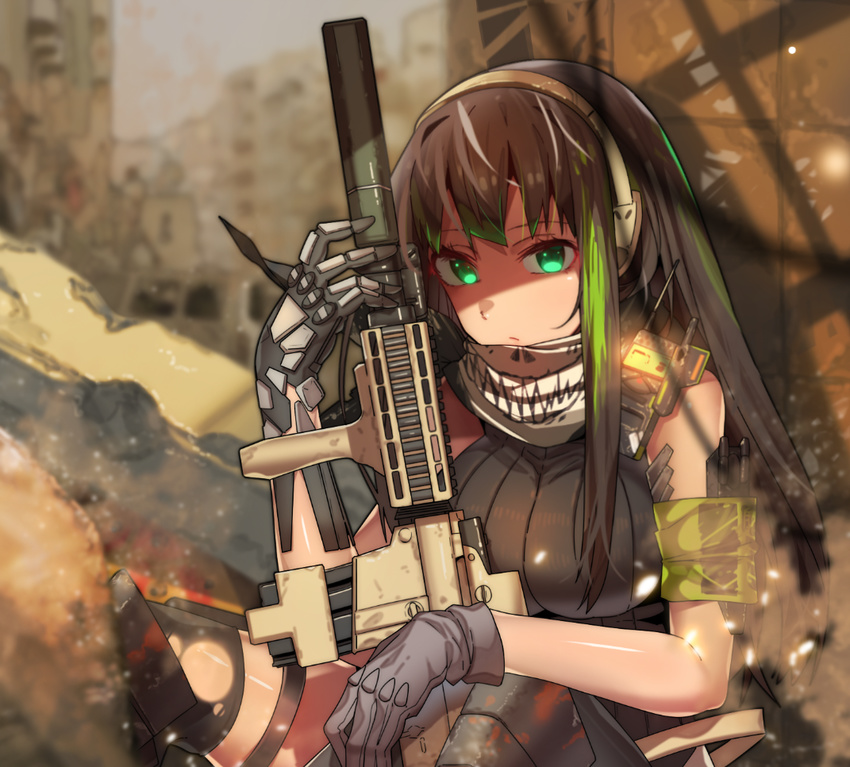 armband assault_rifle bandana bangs black_legwear breasts brown_hair closed_mouth commentary_request cosplay day erere girls_frontline gloves glowing glowing_eyes green_eyes green_hair grey_gloves gun hand_on_own_knee holding holding_gun holding_weapon idolmaster idolmaster_cinderella_girls large_breasts long_hair looking_at_viewer m4_carbine m4a1_(girls_frontline) m4a1_(girls_frontline)_(cosplay) multicolored_hair outdoors ribbed_sweater rifle ruins shibuya_rin sidelocks sitting sleeveless sleeveless_turtleneck solo streaked_hair suppressor sweater thigh_strap thighhighs torn_clothes torn_legwear tsurime turtleneck turtleneck_sweater vertical_foregrip weapon