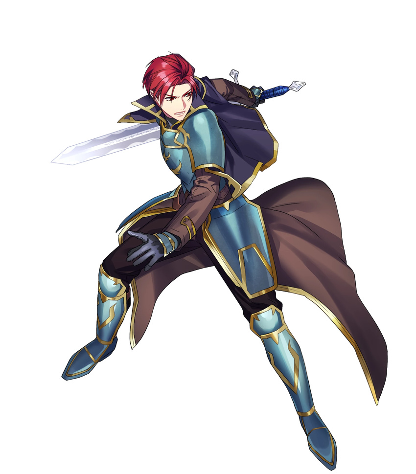 armor armored_boots boots cape capelet fire_emblem fire_emblem:_seima_no_kouseki fire_emblem_heroes fujiwara_ryo full_body gloves highres holding holding_weapon long_sleeves looking_away male_focus official_art pants red_eyes red_hair seth_(fire_emblem) solo sword transparent_background weapon