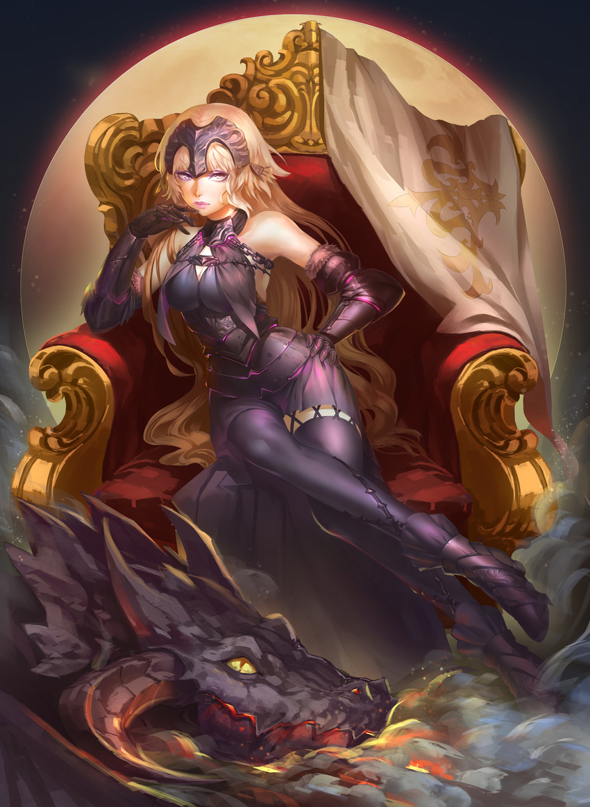 absurdres armor armored_dress bangs bare_shoulders black_legwear blonde_hair breasts capelet chain closed_mouth commentary_request dragon eyeshadow fate/grand_order fate_(series) faulds full_body fur_trim gauntlets hand_on_hip headpiece highres hq19910119 jeanne_d'arc_(alter)_(fate) jeanne_d'arc_(fate)_(all) long_hair looking_at_viewer makeup medium_breasts sitting thighhighs throne very_long_hair yellow_eyes