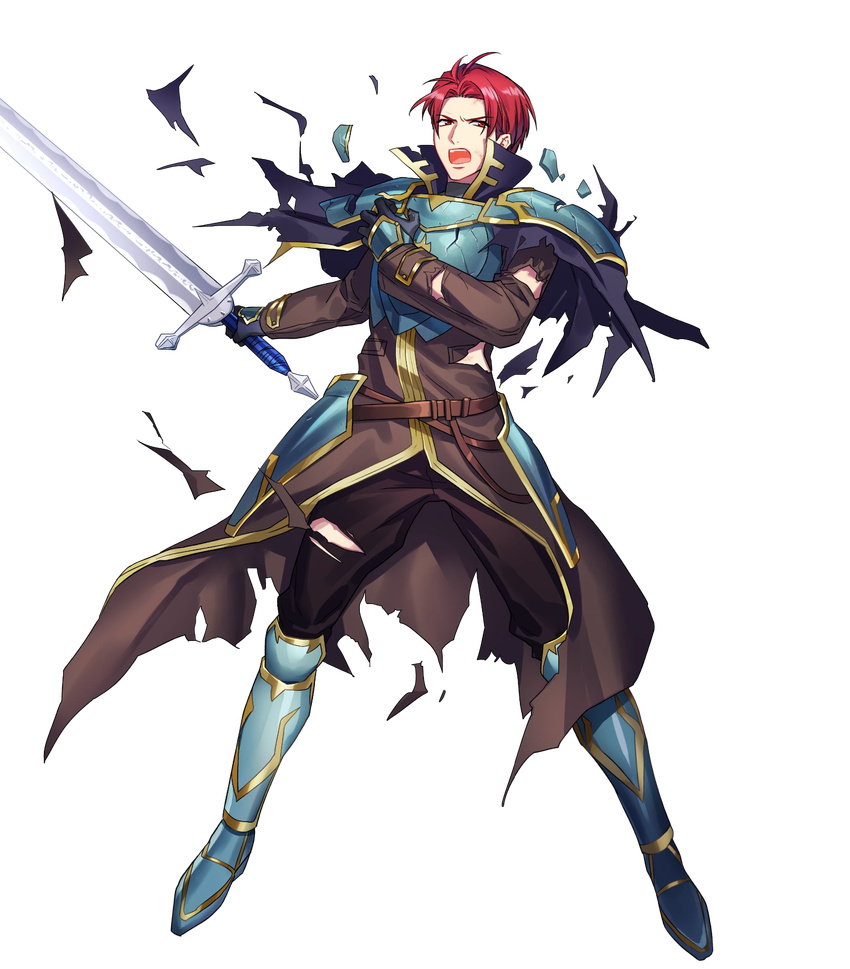 armor armored_boots boots broken_armor cape fire_emblem fire_emblem:_seima_no_kouseki fire_emblem_heroes fujiwara_ryo full_body gloves highres holding holding_weapon long_sleeves looking_away male_focus official_art open_mouth pants red_eyes red_hair seth_(fire_emblem) short_hair standing sword torn_cape torn_clothes transparent_background weapon