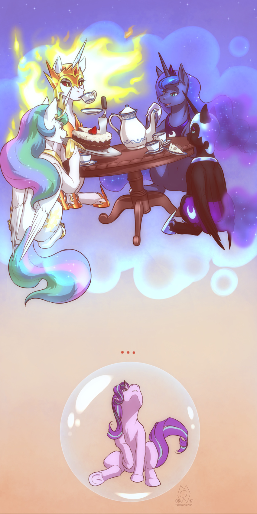 ... 2017 absurd_res cake cup cutie_mark daybreaker_(mlp) equine eyes_closed feathered_wings feathers female feral food friendship_is_magic hair hi_res hooves horn long_hair mammal multicolored_hair my_little_pony mykegreywolf nightmare_moon_(mlp) open_mouth princess_celestia_(mlp) princess_luna_(mlp) starlight_glimmer_(mlp) tea_cup underhoof unicorn winged_unicorn wings