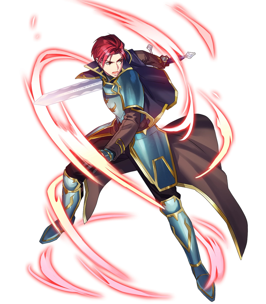 armor armored_boots boots cape capelet fire_emblem fire_emblem:_seima_no_kouseki fire_emblem_heroes fujiwara_ryo full_body gloves highres holding holding_weapon long_sleeves looking_away male_focus official_art open_mouth pants red_eyes red_hair seth_(fire_emblem) solo sword transparent_background weapon