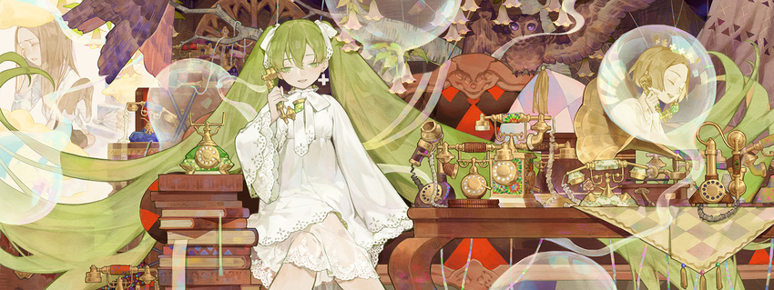absurdly_long_hair angel's_trumpet argyle bangs bird blonde_hair book_stack bookmark bouquet branch bubble closed_eyes commentary_request corded_phone couch cross cross_earrings crossed_legs crying curtains dress earrings flower from_behind green_eyes green_hair hair_ribbon halo hatsune_miku highres indoors jewelry lace lace-trimmed_dress lace-trimmed_sleeves light_brown_hair long_hair long_sleeves multiple_girls neck_ribbon open_mouth owl phone phonograph ribbon rotary_phone see-through short_hair single_earring sitting sleeves_past_wrists smile squatting table tablecloth talking_on_phone tassel tears tombstone transparent twintails very_long_hair vocaloid white_dress white_ribbon wide_sleeves wings yuukaku