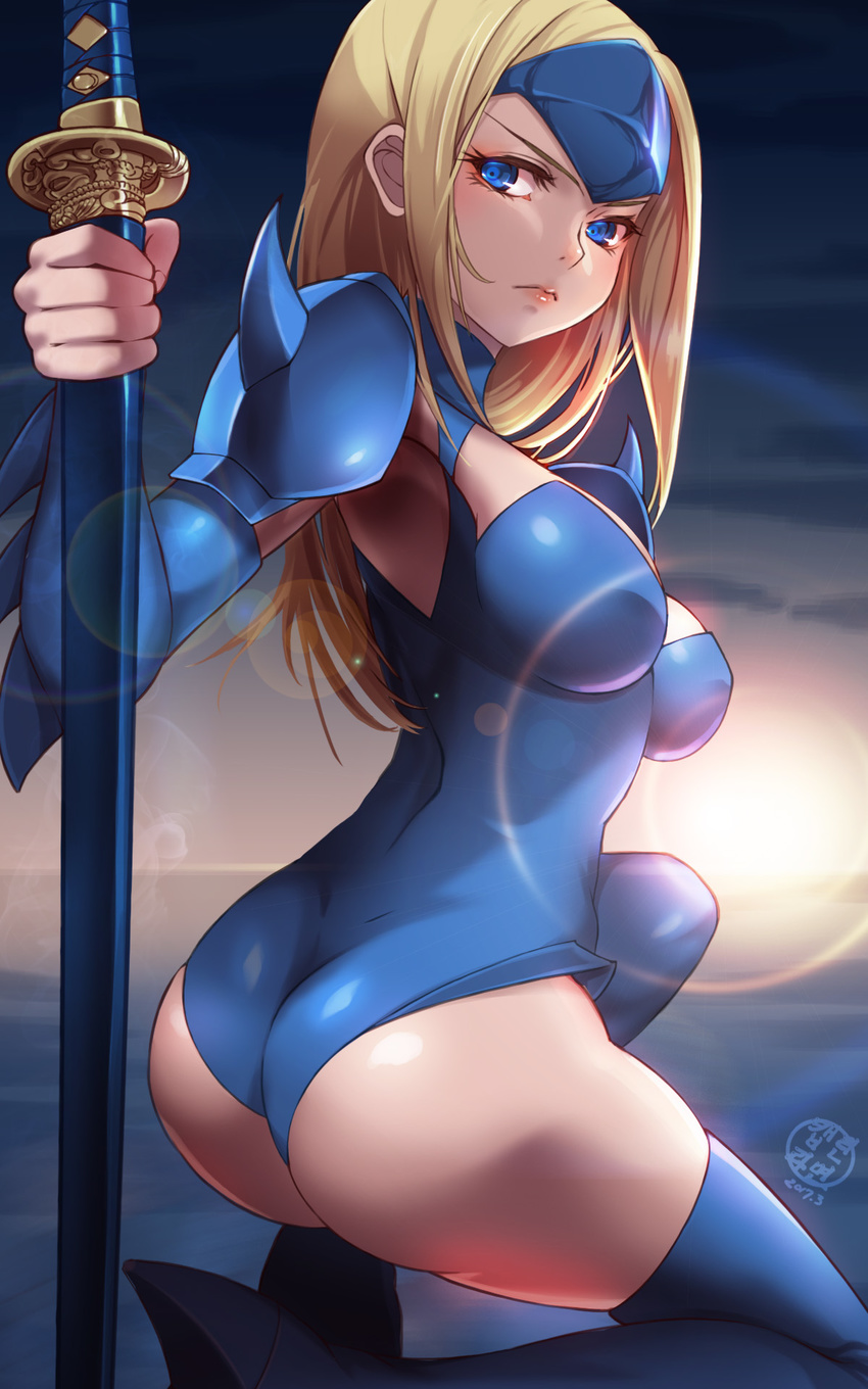 armor ass blonde_hair blue_eyes blue_legwear blue_leotard boots breasts cleavage cleavage_cutout dated detached_sleeves eyelashes full_body headpiece high_heels highres katana lens_flare leotard lips long_hair looking_at_viewer looking_back medium_breasts mizuki_(punisher) one_knee pauldrons shoulder_armor shoulder_spikes skydrg solo spikes sun sword the_punisher thigh_boots thighhighs turtleneck weapon