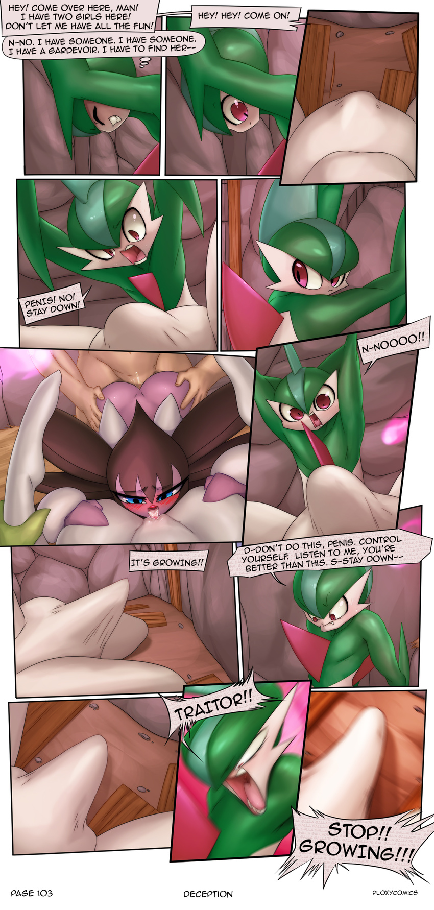2017 absurd_res angry bisexual blue_eyes blush bulge clitoris comic cunnilingus english_text erection eyes_closed female female/female gallade gardevoir gothitelle group group_sex half-closed_eyes hi_res human humanoid male male/female mammal masterploxy nintendo not_furry open_mouth oral pok&eacute;mon pussy pussy_juice red_eyes sex speech_bubble teeth text thought_bubble threesome tongue vaginal video_games