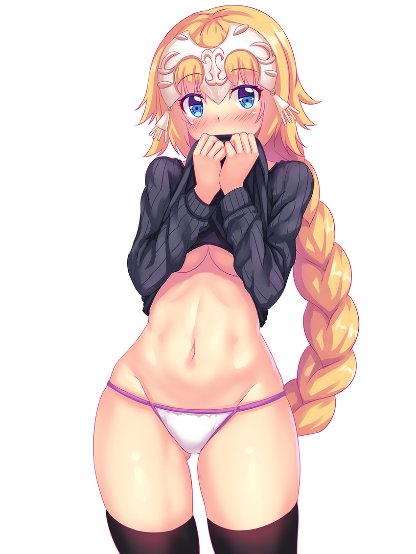 ass_visible_through_thighs black_legwear black_sweater blonde_hair blue_eyes blush braid breasts clothes_lift covering_mouth cowboy_shot fast-runner-2024 fate/apocrypha fate/grand_order fate_(series) headpiece highres jeanne_d'arc_(fate) jeanne_d'arc_(fate)_(all) long_hair looking_at_viewer medium_breasts navel nose_blush panties ribbed_sweater single_braid skindentation solo stomach sweater sweater_lift thighhighs underboob underwear very_long_hair white_background