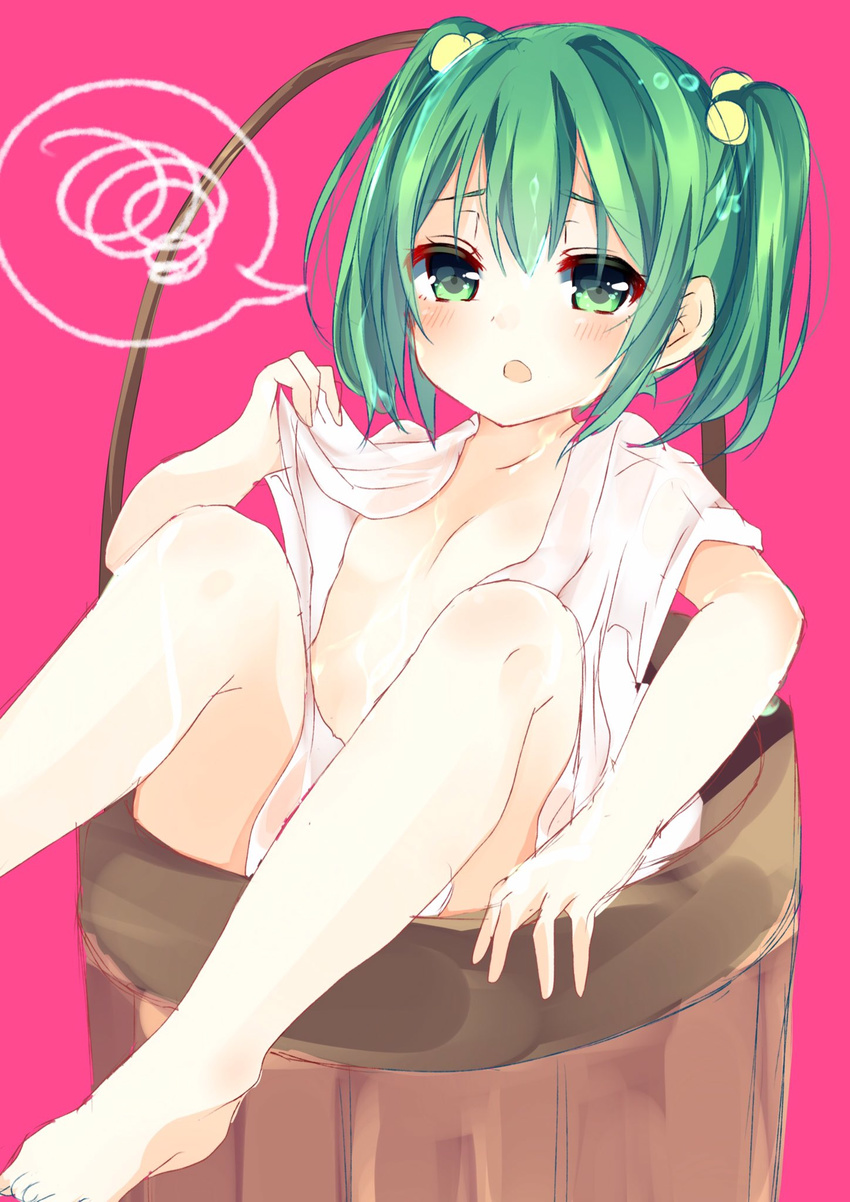 bangs bare_legs barefoot blush bucket commentary_request eyebrows_visible_through_hair flat_chest green_eyes green_hair hair_bobbles hair_ornament highres in_bucket in_container karasusou_nano kisume looking_at_viewer open_clothes open_mouth pink_background see-through short_hair short_sleeves simple_background sitting solo spoken_squiggle squiggle touhou twintails wet wet_clothes wet_hair