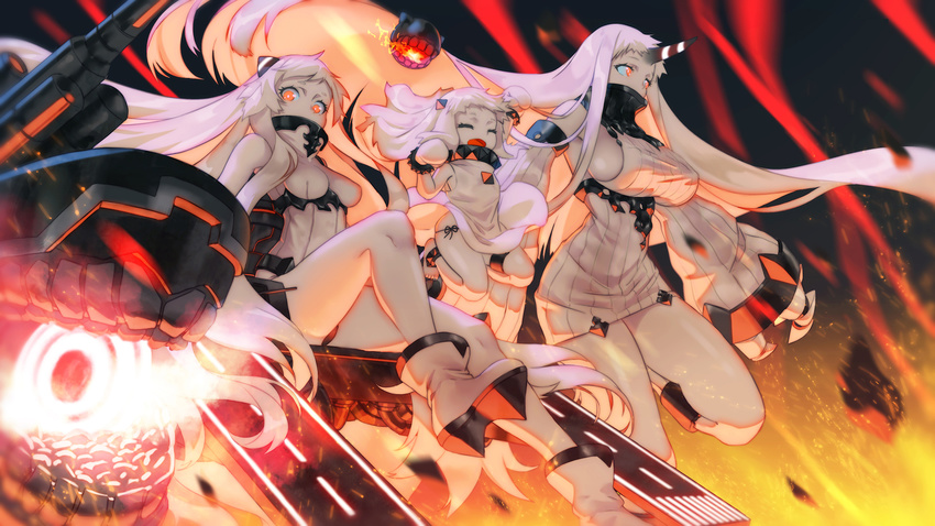 &gt;_&lt; :d absurdly_long_hair airfield_hime ankle_boots barefoot boots bracelet breasts claws collar commentary detached_sleeves dress fist_pump glowing_mouth height_difference high_collar highres horns jewelry jumping kantai_collection large_breasts leotard long_hair looking_at_viewer mechanical_arm medium_breasts mittens multiple_girls northern_ocean_hime open_mouth panties red_eyes seaport_hime shinkaisei-kan short_dress short_eyebrows side-tie_panties sideboob size_difference smile songchuan_li spiked_bracelet spiked_collar spikes underwear very_long_hair white_hair white_skin xd