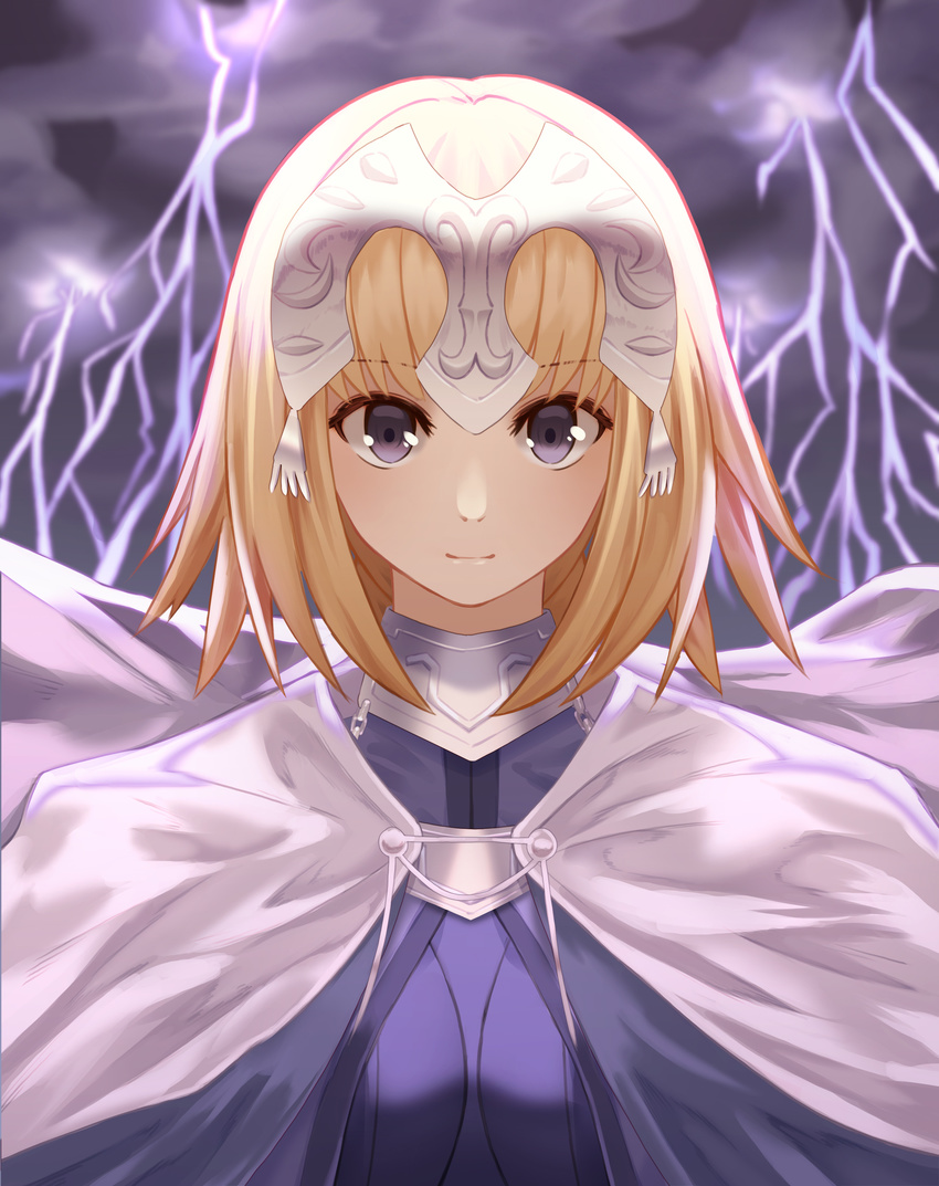 absurdres blonde_hair blue_eyes breasts close-up eyebrows_visible_through_hair fate/apocrypha fate/grand_order fate_(series) headpiece highres jeanne_d'arc_(fate) jeanne_d'arc_(fate)_(all) large_breasts looking_at_viewer short_hair smile solo upper_body yagyun